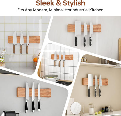Knife Magnetic Strip, 10 Inch Solid Oak Magnetic Knife Holder for Wall with N52 Super Strong Magnets, Premium Magnetic Knife Strip Organizer for Kitchen Knives & Tools-Renter Friendly