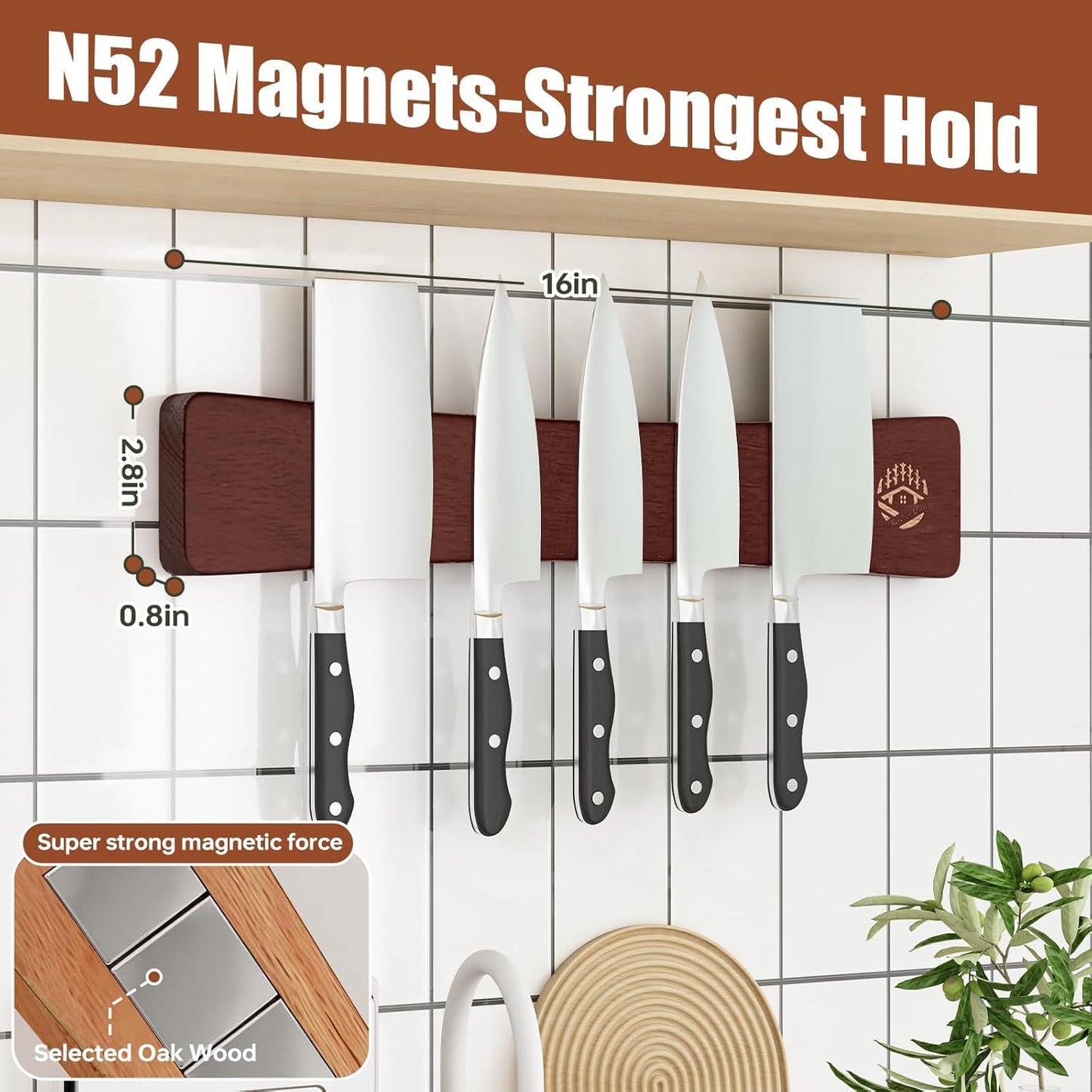 Knife Magnetic Strip, 10 Inch Solid Oak Magnetic Knife Holder for Wall with N52 Super Strong Magnets, Premium Magnetic Knife Strip Organizer for Kitchen Knives & Tools-Renter Friendly