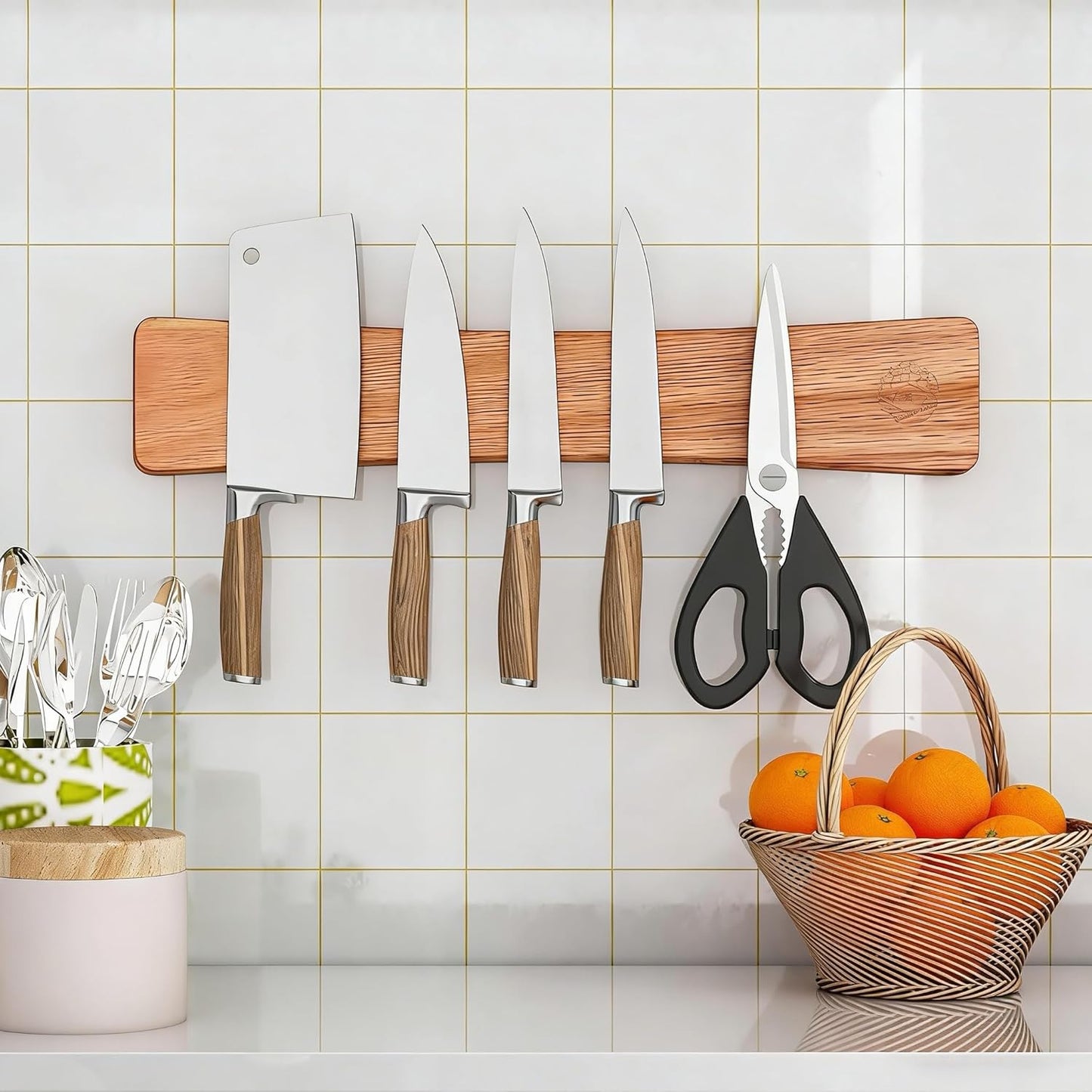 Knife Magnetic Strip, 10 Inch Solid Oak Magnetic Knife Holder for Wall with N52 Super Strong Magnets, Premium Magnetic Knife Strip Organizer for Kitchen Knives & Tools-Renter Friendly