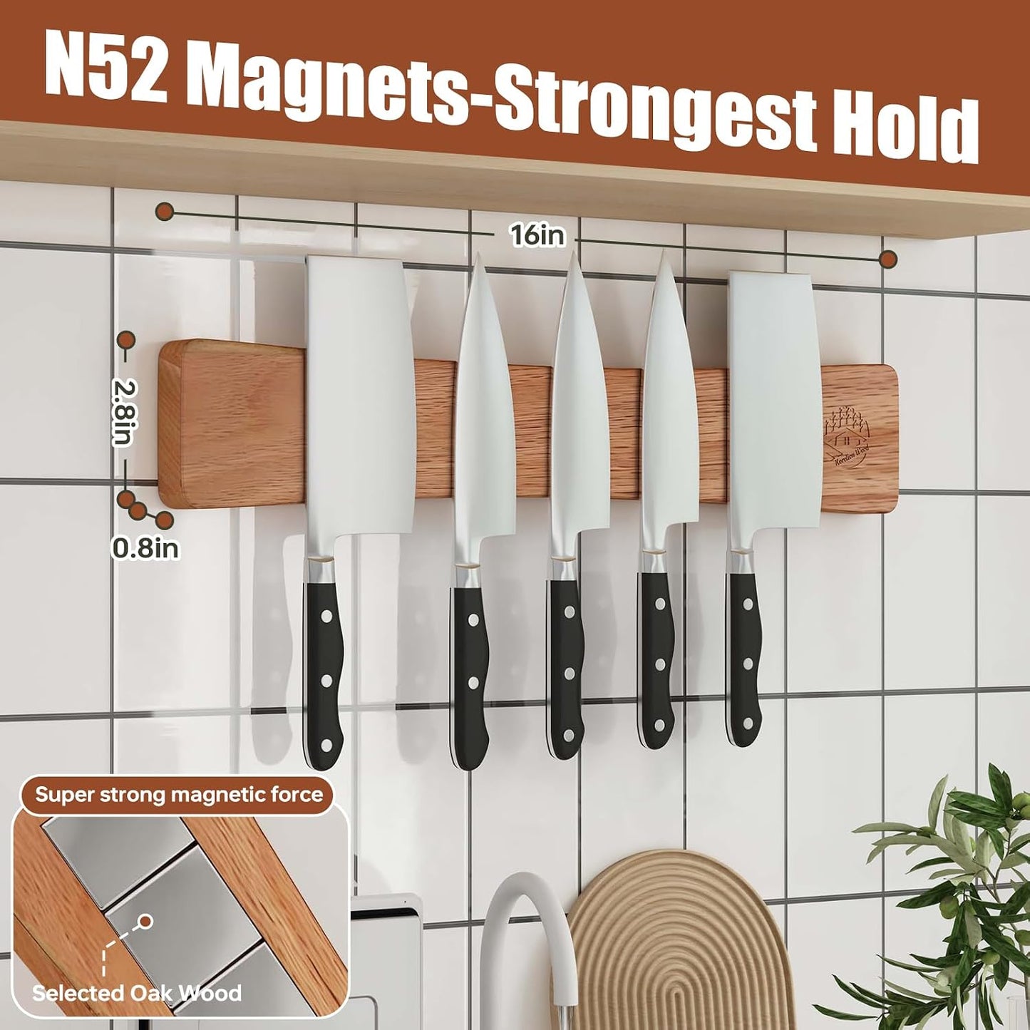 Knife Magnetic Strip, 10 Inch Solid Oak Magnetic Knife Holder for Wall with N52 Super Strong Magnets, Premium Magnetic Knife Strip Organizer for Kitchen Knives & Tools-Renter Friendly