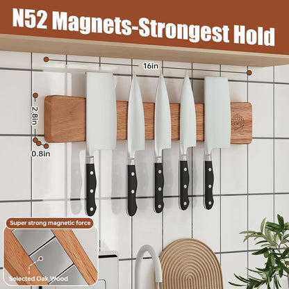 Knife Magnetic Strip, 10 Inch Solid Oak Magnetic Knife Holder for Wall with N52 Super Strong Magnets, Premium Magnetic Knife Strip Organizer for Kitchen Knives & Tools-Renter Friendly