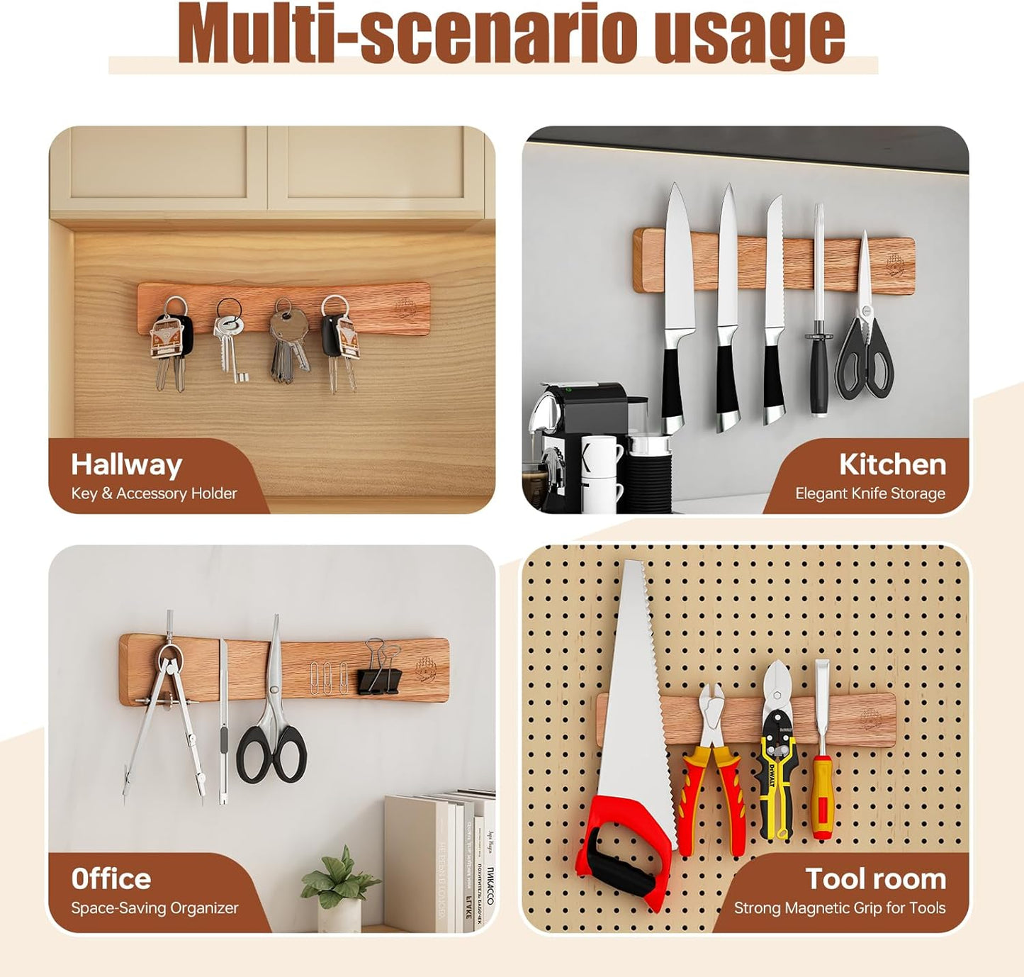 Knife Magnetic Strip, 10 Inch Solid Oak Magnetic Knife Holder for Wall with N52 Super Strong Magnets, Premium Magnetic Knife Strip Organizer for Kitchen Knives & Tools-Renter Friendly