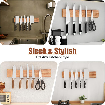 Knife Magnetic Strip, 10 Inch Solid Oak Magnetic Knife Holder for Wall with N52 Super Strong Magnets, Premium Magnetic Knife Strip Organizer for Kitchen Knives & Tools-Renter Friendly