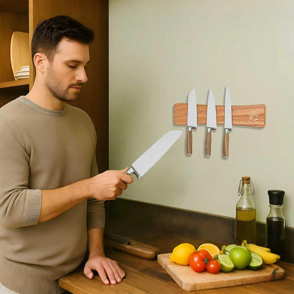 Knife Magnetic Strip, 10 Inch Solid Oak Magnetic Knife Holder for Wall with N52 Super Strong Magnets, Premium Magnetic Knife Strip Organizer for Kitchen Knives & Tools-Renter Friendly