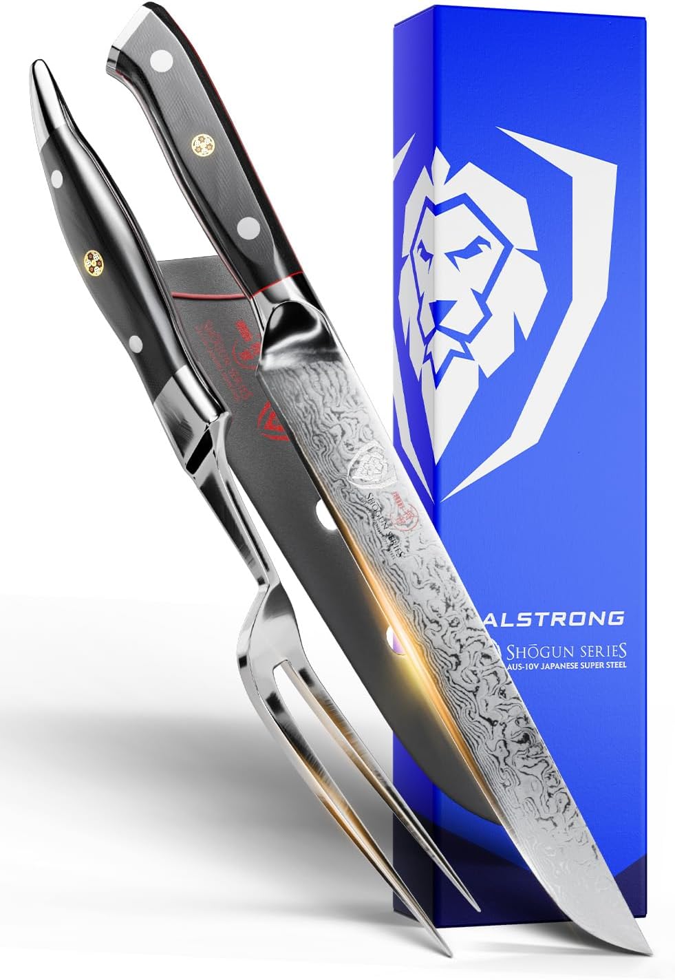 Carving Set — Slicing Knife & Meat Fork — AUS-10V Japanese Steel, 62+ HRC — For Holiday Roast Carving, BBQ Brisket & Whole-Bird Service — G10 Handles, Sheaths, Shogun ELITE, customer support