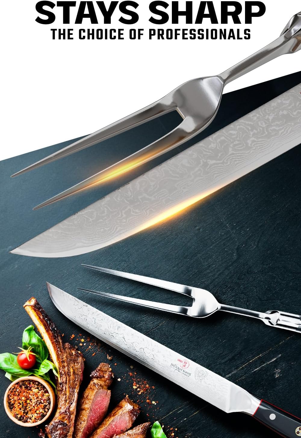 Carving Set — Slicing Knife & Meat Fork — AUS-10V Japanese Steel, 62+ HRC — For Holiday Roast Carving, BBQ Brisket & Whole-Bird Service — G10 Handles, Sheaths, Shogun ELITE, customer support