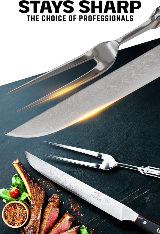 Carving Set — Slicing Knife & Meat Fork — AUS-10V Japanese Steel, 62+ HRC — For Holiday Roast Carving, BBQ Brisket & Whole-Bird Service — G10 Handles, Sheaths, Shogun ELITE, customer support