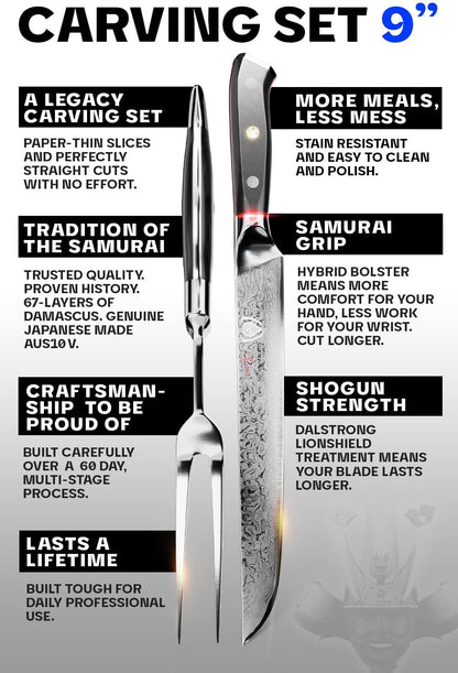 Carving Set — Slicing Knife & Meat Fork — AUS-10V Japanese Steel, 62+ HRC — For Holiday Roast Carving, BBQ Brisket & Whole-Bird Service — G10 Handles, Sheaths, Shogun ELITE, customer support