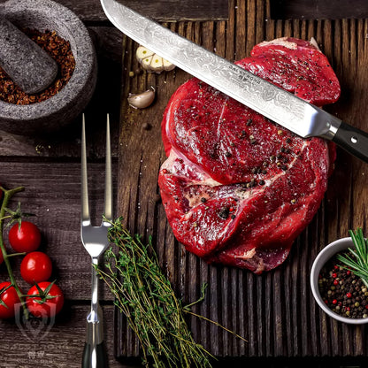 Carving Set — Slicing Knife & Meat Fork — AUS-10V Japanese Steel, 62+ HRC — For Holiday Roast Carving, BBQ Brisket & Whole-Bird Service — G10 Handles, Sheaths, Shogun ELITE, customer support