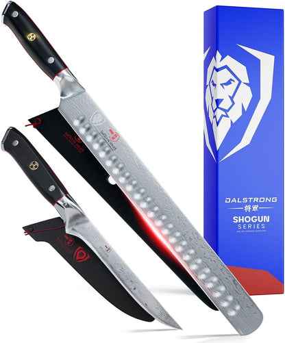 Carving Set — Slicing Knife & Meat Fork — AUS-10V Japanese Steel, 62+ HRC — For Holiday Roast Carving, BBQ Brisket & Whole-Bird Service — G10 Handles, Sheaths, Shogun ELITE, customer support