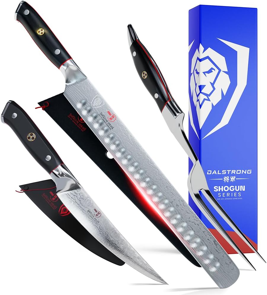 Carving Set — Slicing Knife & Meat Fork — AUS-10V Japanese Steel, 62+ HRC — For Holiday Roast Carving, BBQ Brisket & Whole-Bird Service — G10 Handles, Sheaths, Shogun ELITE, customer support