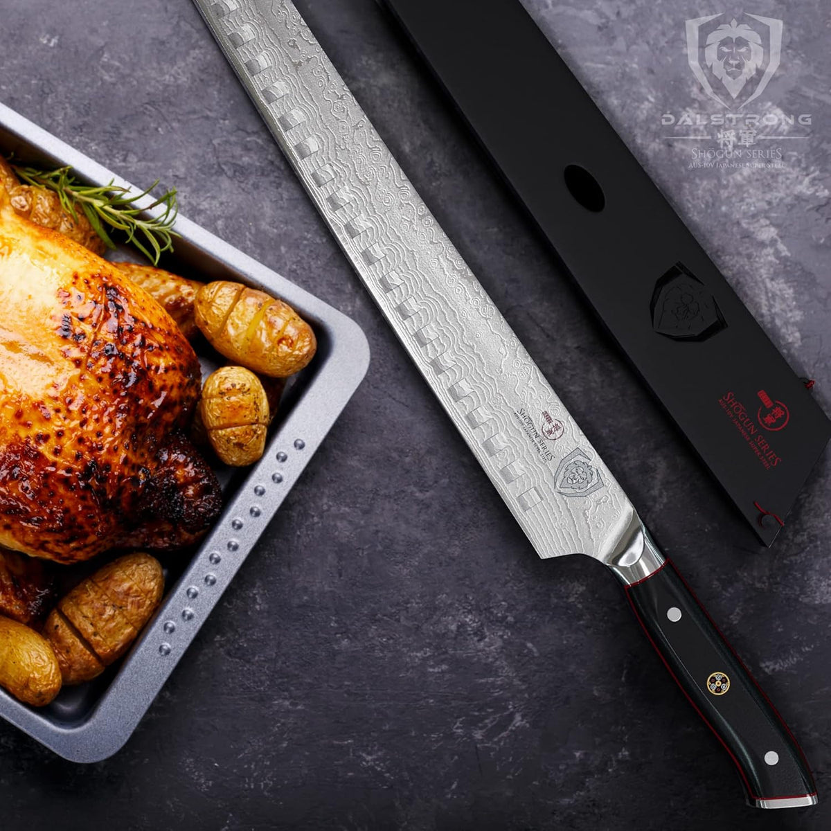 Carving Set — Slicing Knife & Meat Fork — AUS-10V Japanese Steel, 62+ HRC — For Holiday Roast Carving, BBQ Brisket & Whole-Bird Service — G10 Handles, Sheaths, Shogun ELITE, customer support