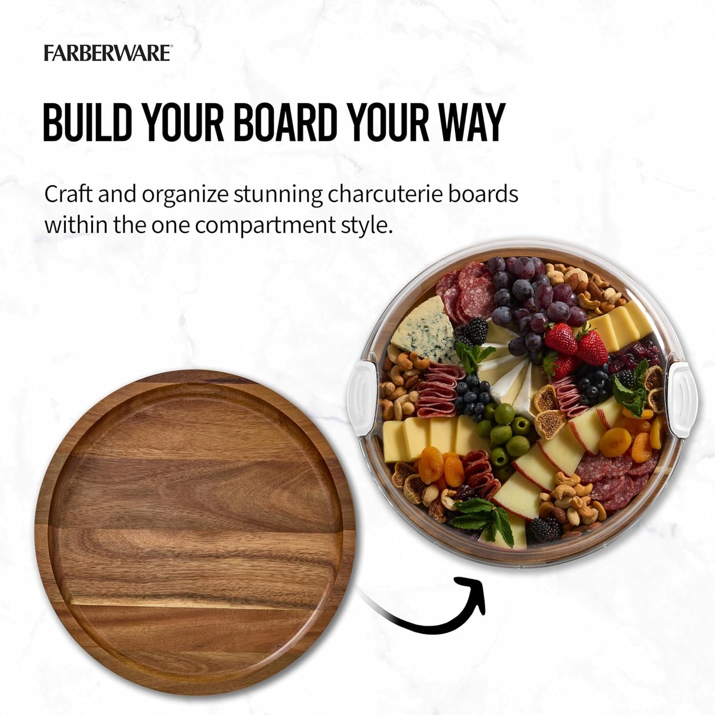 Build-a-Board Cutting Board with Single Compartment and Clear Locking Lid for Charcuterie, Snacks, and More, Bamboo