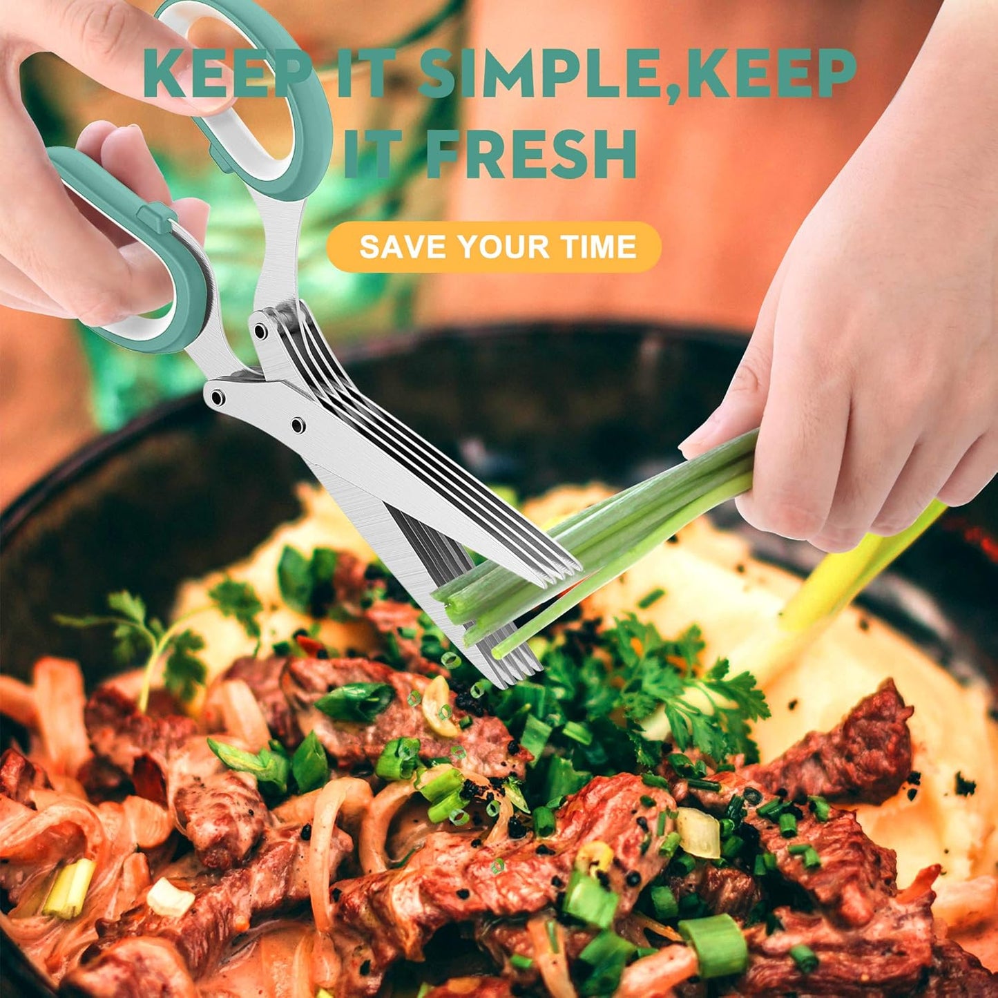 Herb Scissors with 5 Blades and Cover, Kitchen Herb Cutter with Cleaning Comb, Stainless Steel Multi Blade Herb Shears for Basil Parsley Cilantro, Easy Clean Cooking Tool, Unique Kitchen Gadgets Gift