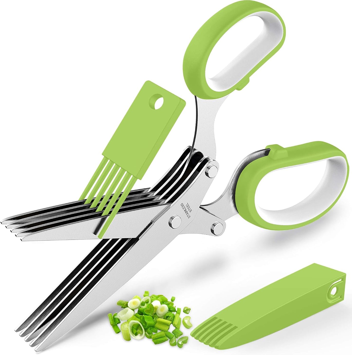 Herb Scissors with 5 Blades and Cover, Kitchen Herb Cutter with Cleaning Comb, Stainless Steel Multi Blade Herb Shears for Basil Parsley Cilantro, Easy Clean Cooking Tool, Unique Kitchen Gadgets Gift