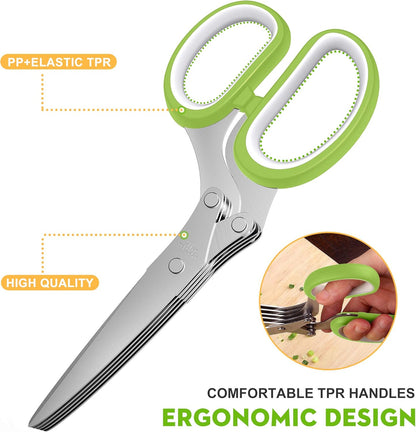 Herb Scissors with 5 Blades and Cover, Kitchen Herb Cutter with Cleaning Comb, Stainless Steel Multi Blade Herb Shears for Basil Parsley Cilantro, Easy Clean Cooking Tool, Unique Kitchen Gadgets Gift