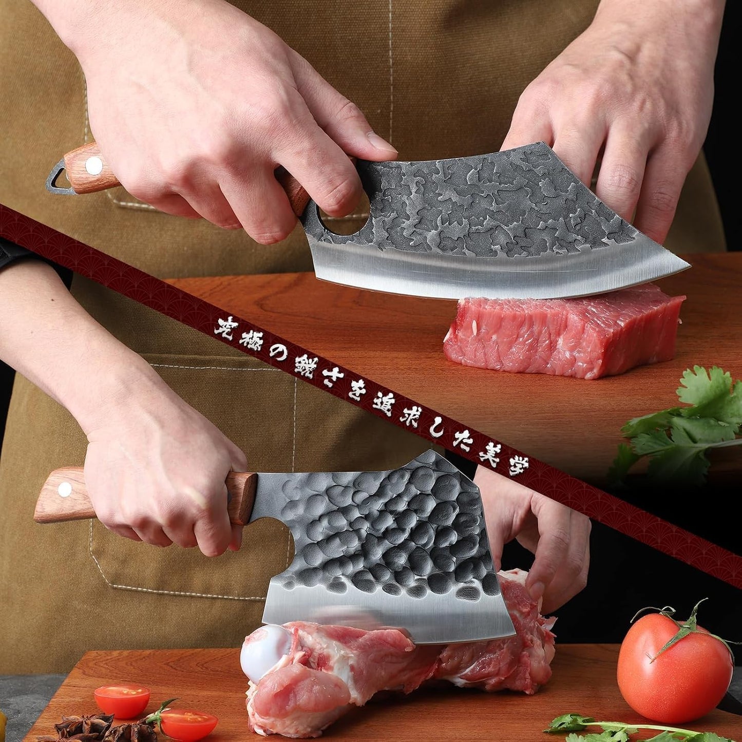 Huusk Butcher Knife Set of 3 - Meat Cleaver Knife Set for Meat Processing | Full Tang Hand Forged Viking Knives Sets with Bone Axe, Heavy-Duty Kitchen Knives Sets for Outdoor BBQ Cooking, Gifts for Men
