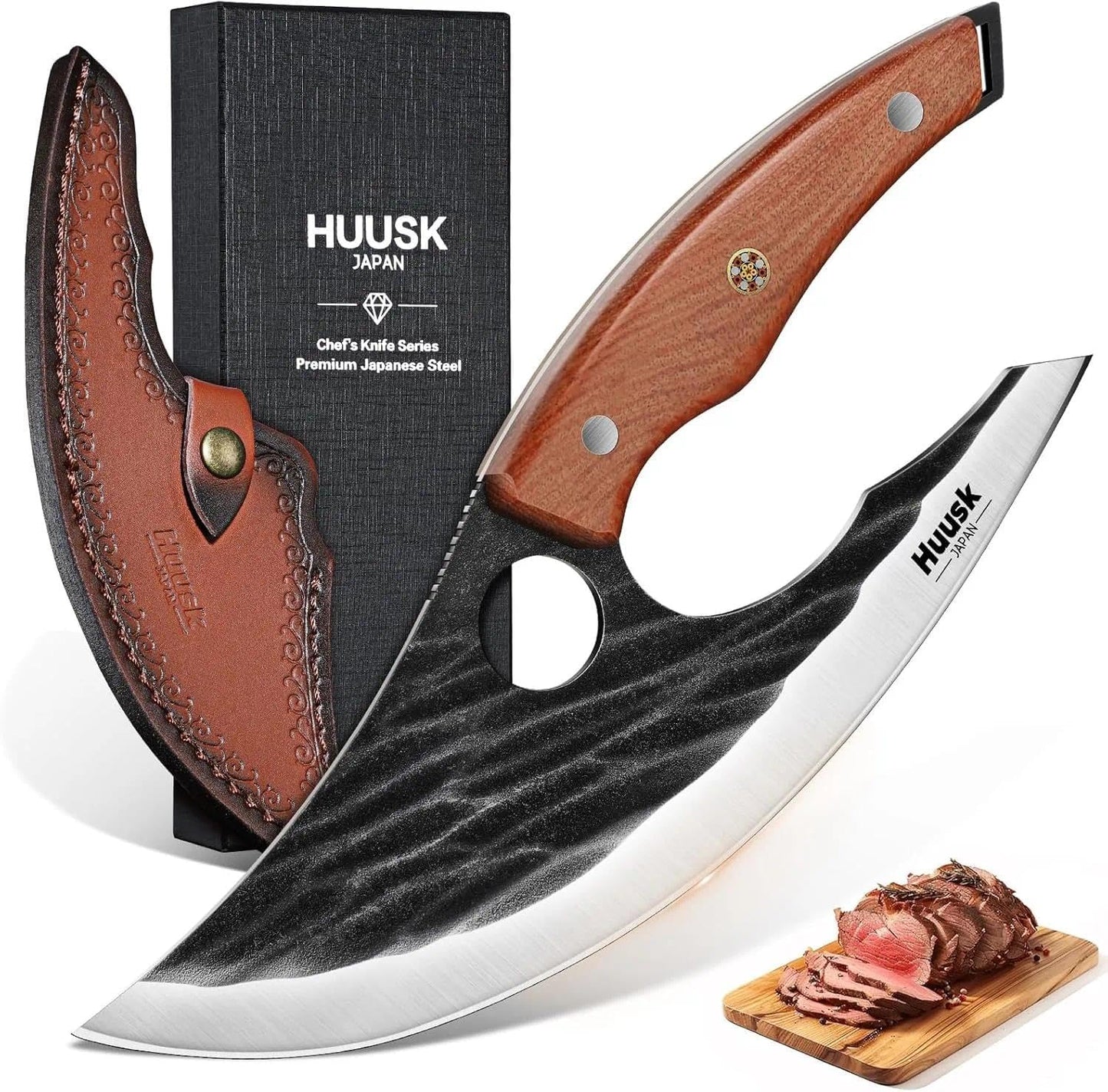 Huusk Japan Ulu Knife with Sheath - Knives for BBQ | Hand Forged Caveman Ultimo Knife, Full Tang Wooden Handle, Gift Box, for Vegetables, Fruit, Pizza