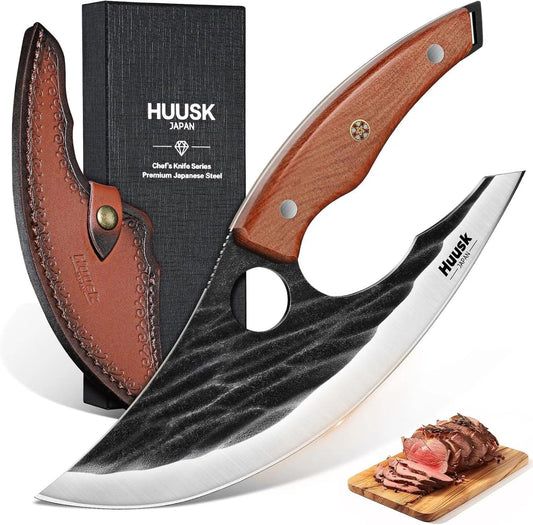 Huusk Japan Ulu Knife with Sheath - Knives for BBQ | Hand Forged Caveman Ultimo Knife, Full Tang Wooden Handle, Gift Box, for Vegetables, Fruit, Pizza