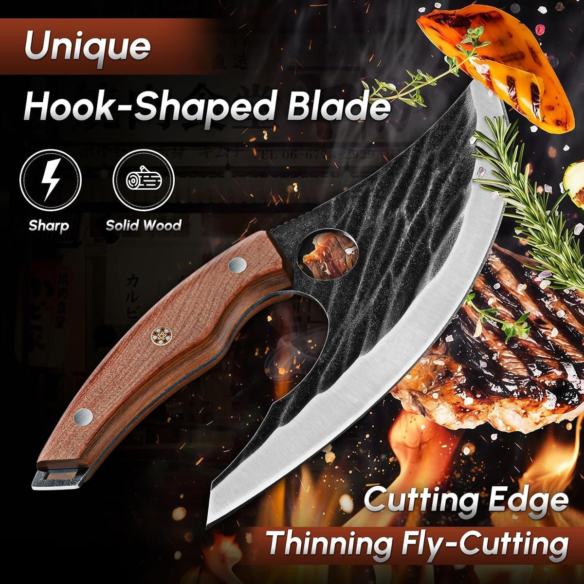 Huusk Japan Ulu Knife with Sheath - Knives for BBQ | Hand Forged Caveman Ultimo Knife, Full Tang Wooden Handle, Gift Box, for Vegetables, Fruit, Pizza