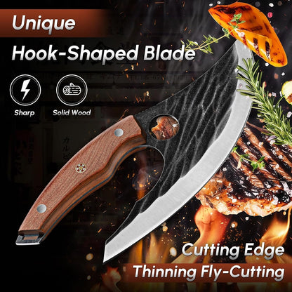 Huusk Japan Ulu Knife with Sheath - Knives for BBQ | Hand Forged Caveman Ultimo Knife, Full Tang Wooden Handle, Gift Box, for Vegetables, Fruit, Pizza