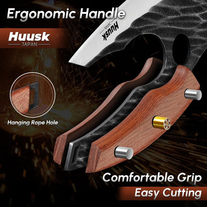 Huusk Japan Ulu Knife with Sheath - Knives for BBQ | Hand Forged Caveman Ultimo Knife, Full Tang Wooden Handle, Gift Box, for Vegetables, Fruit, Pizza