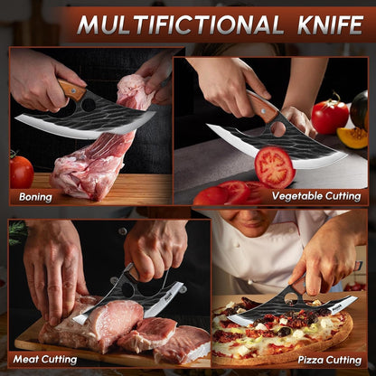 Huusk Japan Ulu Knife with Sheath - Knives for BBQ | Hand Forged Caveman Ultimo Knife, Full Tang Wooden Handle, Gift Box, for Vegetables, Fruit, Pizza