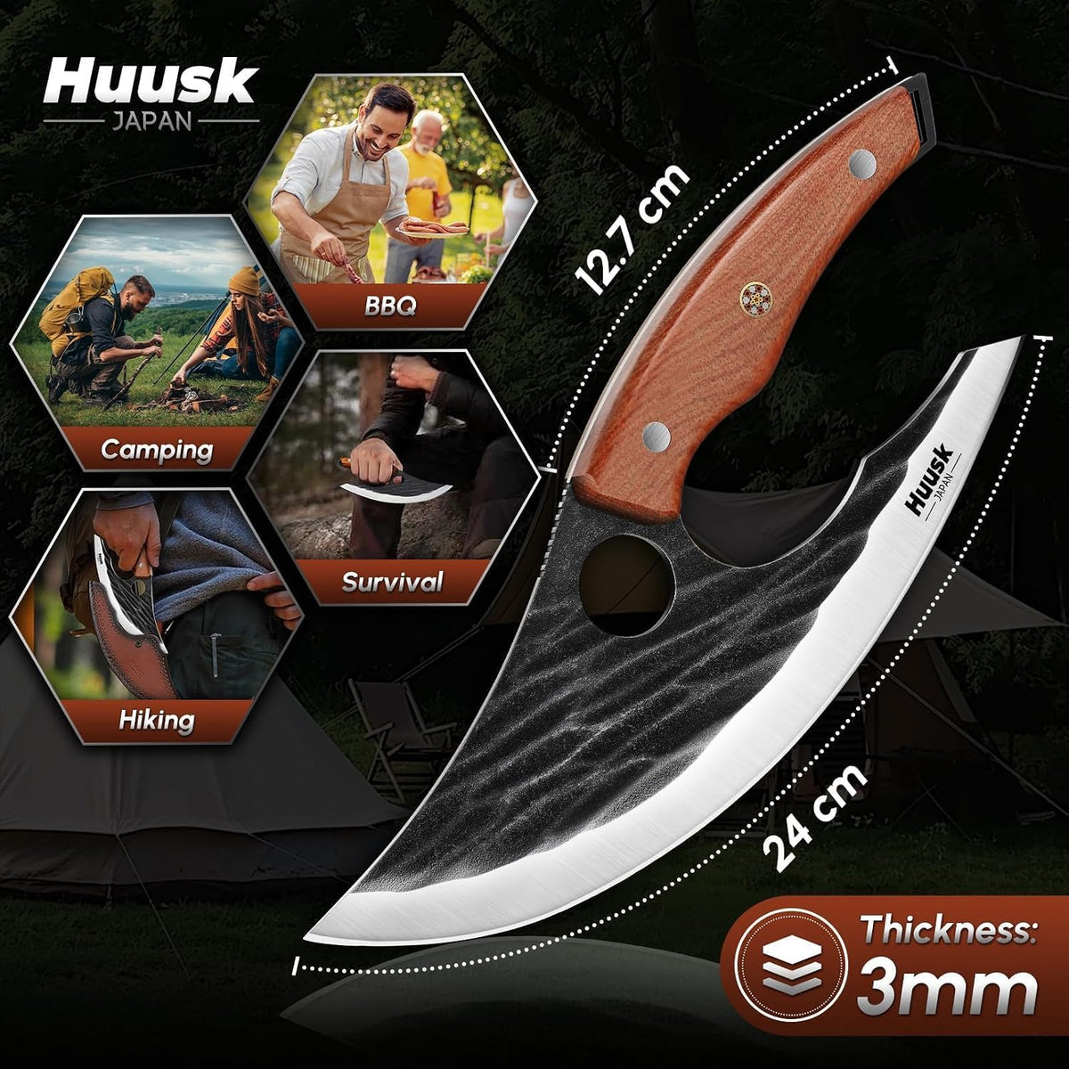 Huusk Japan Ulu Knife with Sheath - Knives for BBQ | Hand Forged Caveman Ultimo Knife, Full Tang Wooden Handle, Gift Box, for Vegetables, Fruit, Pizza