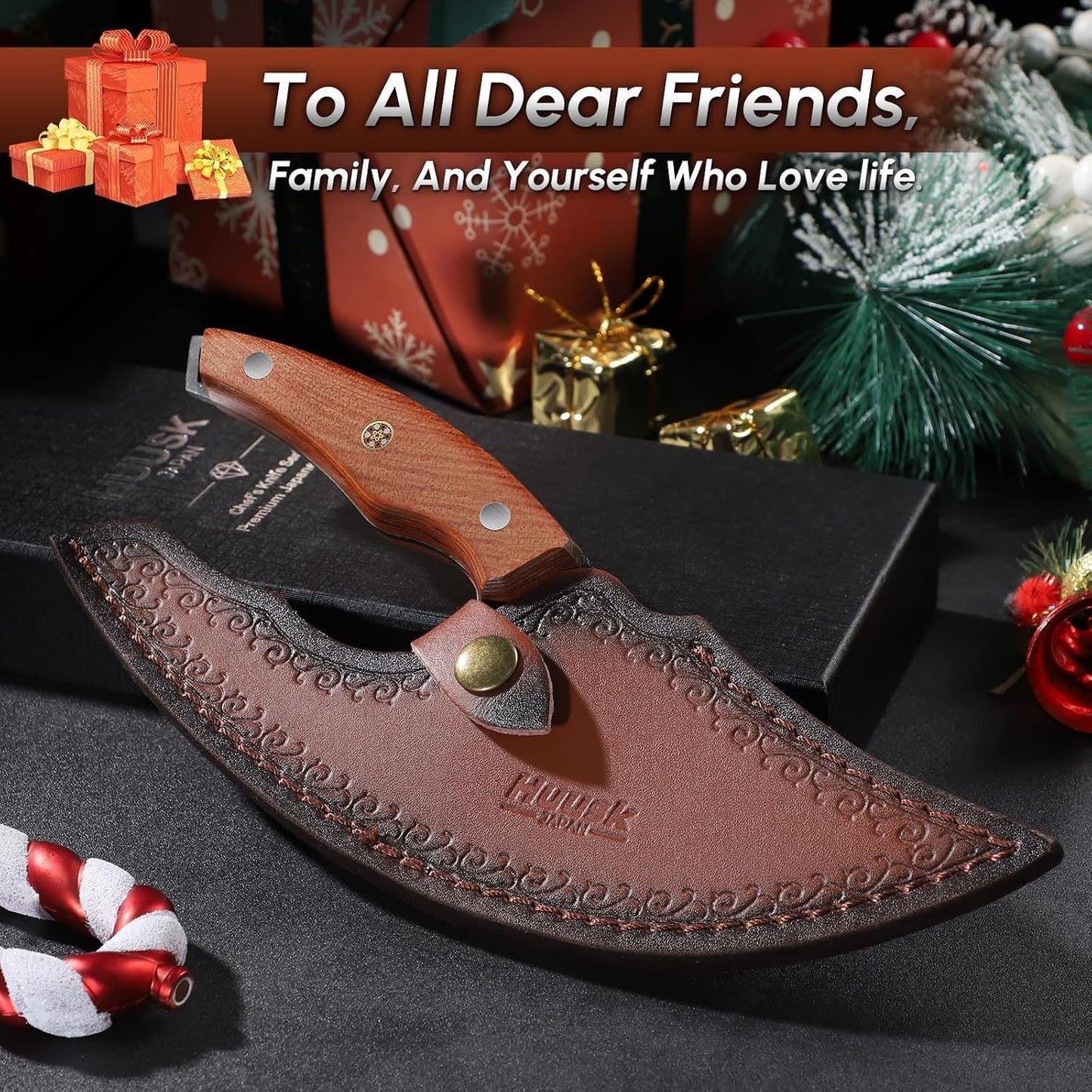 Huusk Japan Ulu Knife with Sheath - Knives for BBQ | Hand Forged Caveman Ultimo Knife, Full Tang Wooden Handle, Gift Box, for Vegetables, Fruit, Pizza