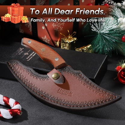 Huusk Japan Ulu Knife with Sheath - Knives for BBQ | Hand Forged Caveman Ultimo Knife, Full Tang Wooden Handle, Gift Box, for Vegetables, Fruit, Pizza