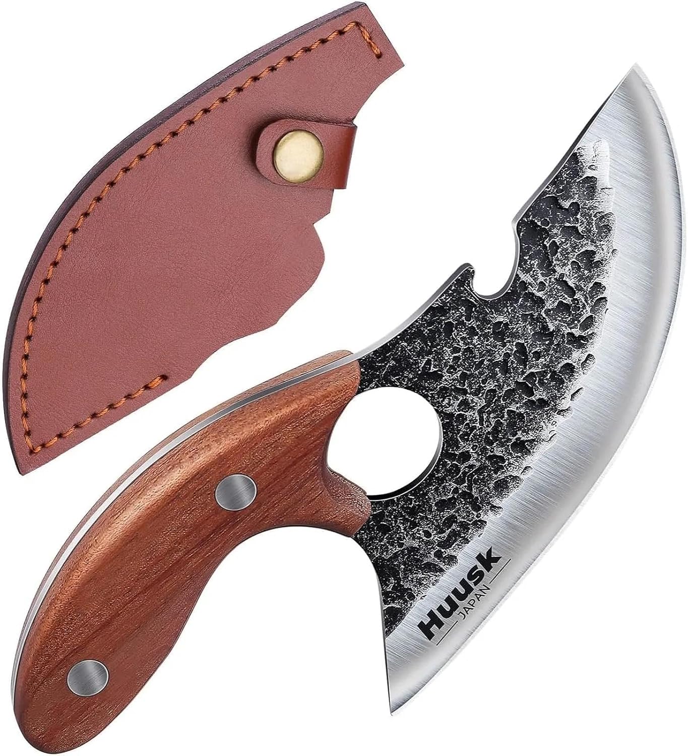 Huusk Japan Ulu Knife with Sheath - Knives for BBQ | Hand Forged Caveman Ultimo Knife, Full Tang Wooden Handle, Gift Box, for Vegetables, Fruit, Pizza