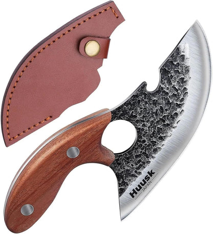 Huusk Japan Ulu Knife with Sheath - Knives for BBQ | Hand Forged Caveman Ultimo Knife, Full Tang Wooden Handle, Gift Box, for Vegetables, Fruit, Pizza