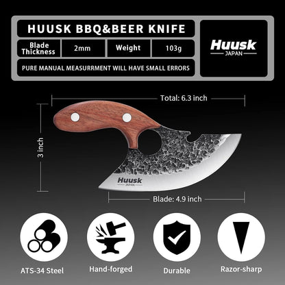 Huusk Japan Ulu Knife with Sheath - Knives for BBQ | Hand Forged Caveman Ultimo Knife, Full Tang Wooden Handle, Gift Box, for Vegetables, Fruit, Pizza