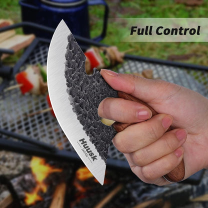 Huusk Japan Ulu Knife with Sheath - Knives for BBQ | Hand Forged Caveman Ultimo Knife, Full Tang Wooden Handle, Gift Box, for Vegetables, Fruit, Pizza