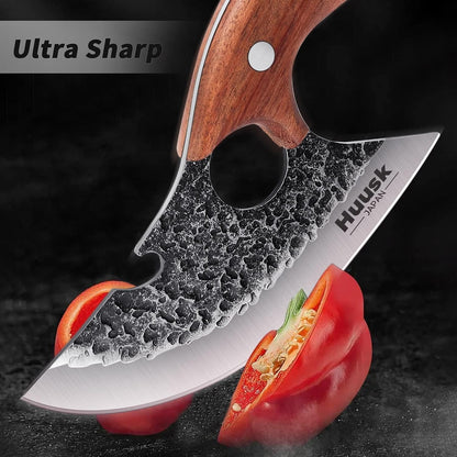 Huusk Japan Ulu Knife with Sheath - Knives for BBQ | Hand Forged Caveman Ultimo Knife, Full Tang Wooden Handle, Gift Box, for Vegetables, Fruit, Pizza