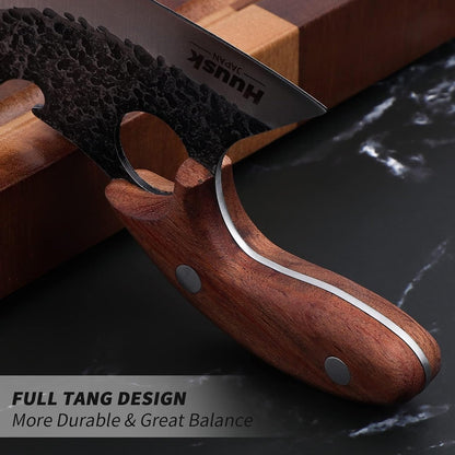 Huusk Japan Ulu Knife with Sheath - Knives for BBQ | Hand Forged Caveman Ultimo Knife, Full Tang Wooden Handle, Gift Box, for Vegetables, Fruit, Pizza