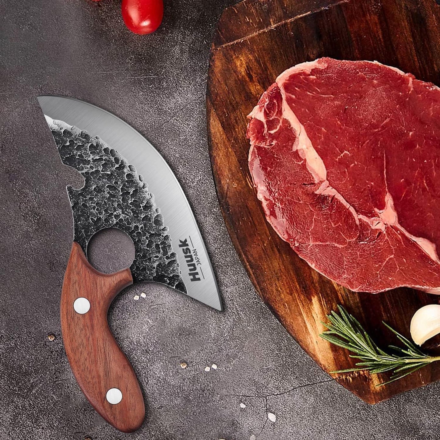 Huusk Japan Ulu Knife with Sheath - Knives for BBQ | Hand Forged Caveman Ultimo Knife, Full Tang Wooden Handle, Gift Box, for Vegetables, Fruit, Pizza