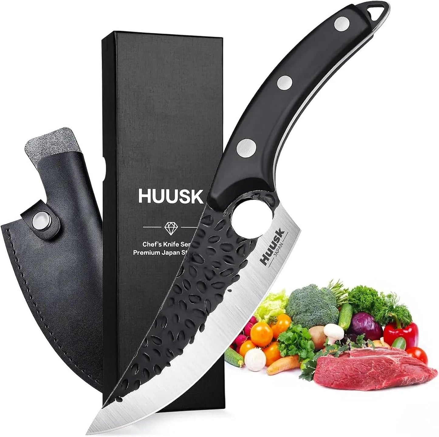 Huusk Japan Ulu Knife with Sheath - Knives for BBQ | Hand Forged Caveman Ultimo Knife, Full Tang Wooden Handle, Gift Box, for Vegetables, Fruit, Pizza