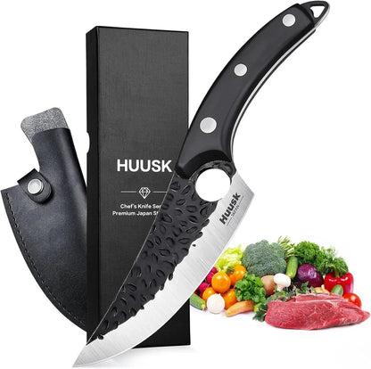 Huusk Japan Ulu Knife with Sheath - Knives for BBQ | Hand Forged Caveman Ultimo Knife, Full Tang Wooden Handle, Gift Box, for Vegetables, Fruit, Pizza