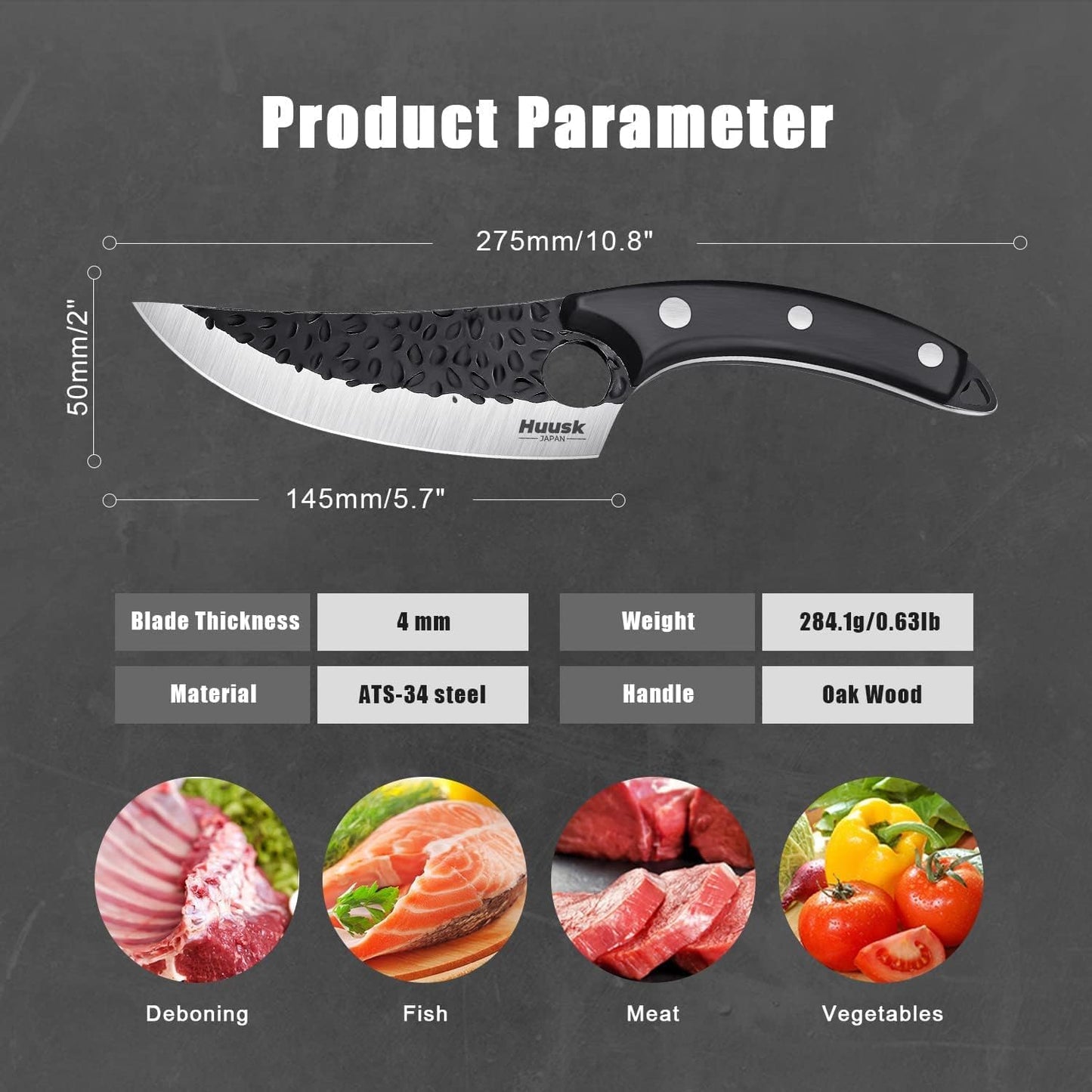 Huusk Japan Ulu Knife with Sheath - Knives for BBQ | Hand Forged Caveman Ultimo Knife, Full Tang Wooden Handle, Gift Box, for Vegetables, Fruit, Pizza