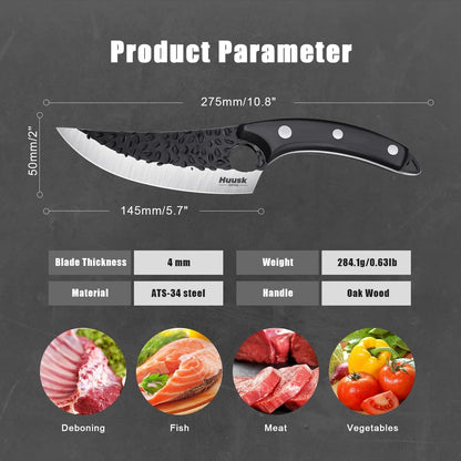Huusk Japan Ulu Knife with Sheath - Knives for BBQ | Hand Forged Caveman Ultimo Knife, Full Tang Wooden Handle, Gift Box, for Vegetables, Fruit, Pizza
