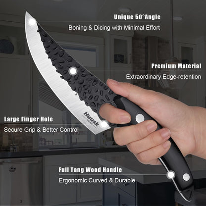Huusk Japan Ulu Knife with Sheath - Knives for BBQ | Hand Forged Caveman Ultimo Knife, Full Tang Wooden Handle, Gift Box, for Vegetables, Fruit, Pizza