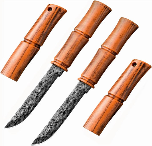 2-Piece Paring Knives with Cover, 3.54" Bamboo Shaped Portable Fruit Knives with Sheath, Tea Needle Knife with Stylish Laser Pattern Ideal,for Home/Parties/Camping