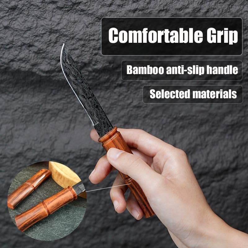2-Piece Paring Knives with Cover, 3.54" Bamboo Shaped Portable Fruit Knives with Sheath, Tea Needle Knife with Stylish Laser Pattern Ideal,for Home/Parties/Camping