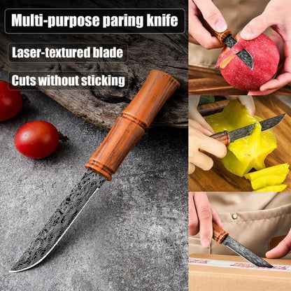 2-Piece Paring Knives with Cover, 3.54" Bamboo Shaped Portable Fruit Knives with Sheath, Tea Needle Knife with Stylish Laser Pattern Ideal,for Home/Parties/Camping