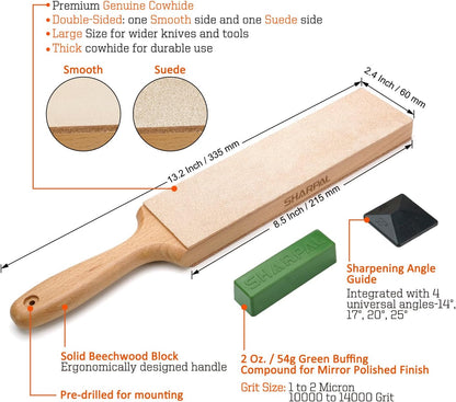 205H Double-Sided Leather Strop 13.2" x 2.4" Kit, Genuine Cowhide Stropping Block with 2 oz Polishing Compound & Angle Guide, Knife Strop for Honing Knives, Tools, Gifts for Men
