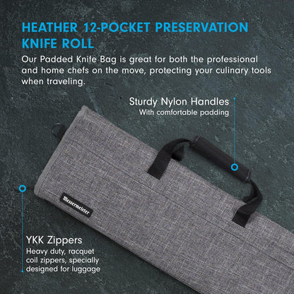 Preservation 12-Pocket Knife Luggage, Heather Gray - 12 Elasticized, Reinforced Pockets for Culinary Tools - Holds Up to 18” Knife - Made From 100% Recycled Water Bottles