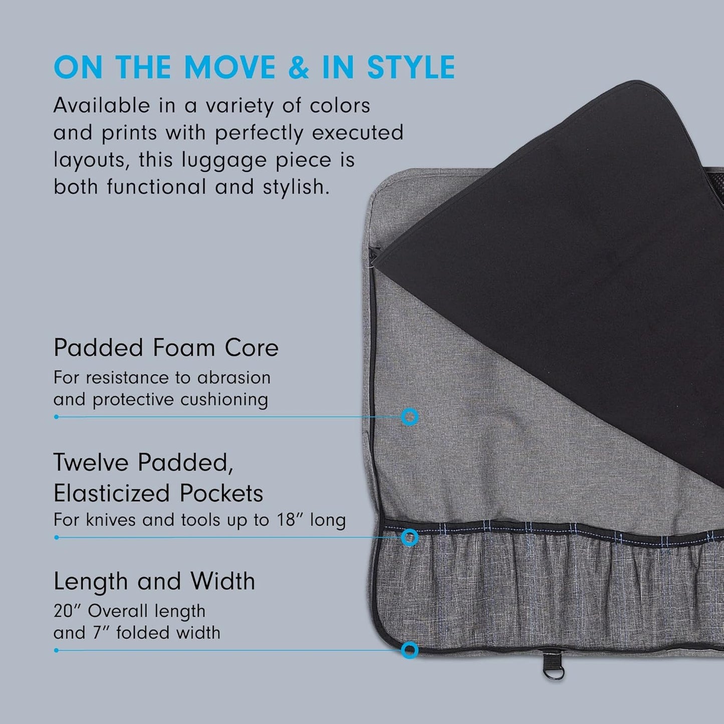 Preservation 12-Pocket Knife Luggage, Heather Gray - 12 Elasticized, Reinforced Pockets for Culinary Tools - Holds Up to 18” Knife - Made From 100% Recycled Water Bottles