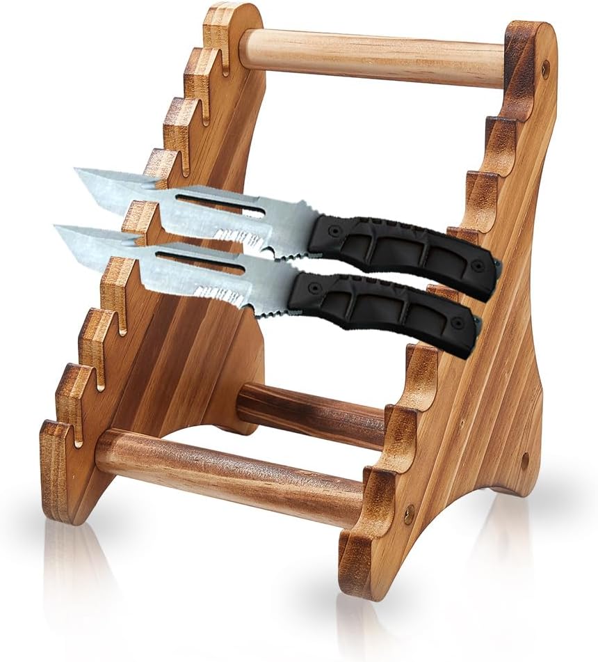 1Set 8-Tier Knife Block Wood Knife Display Stands BurlyWood Knifes Holder Wooden Knifes Display Case 6.69x6.5x8.46 Inch Wood Kitchen Rack for Home Decor