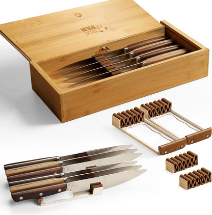Kid Safe In-Drawer Bamboo Box, for Chef Knives or Steak Knives, with newly invented Beautiful Leather Holders. Only 5.5 Inches Wide. Best Knife Block Alternative!